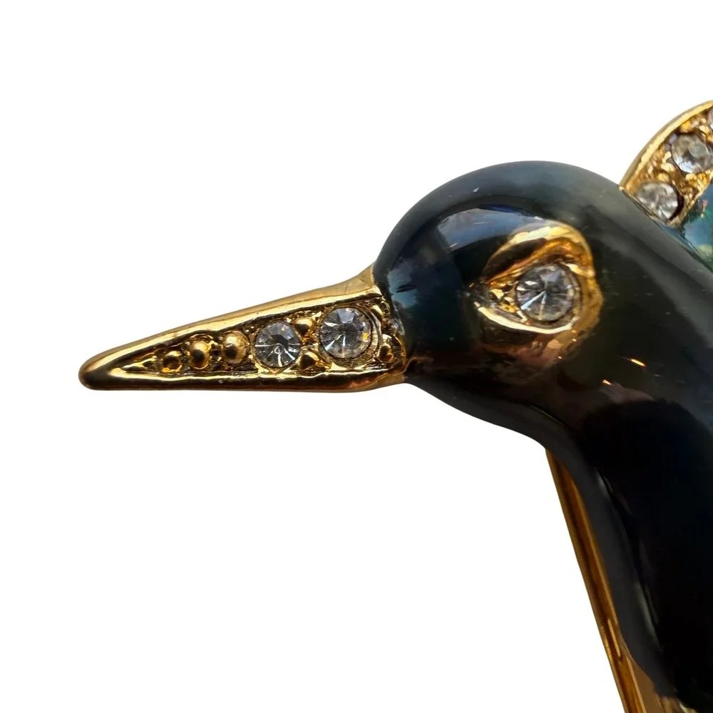 Hummingbird Brooch Enamel‎ Rhinestone Gold Tone Green Black Bird Pin 2 Inch
